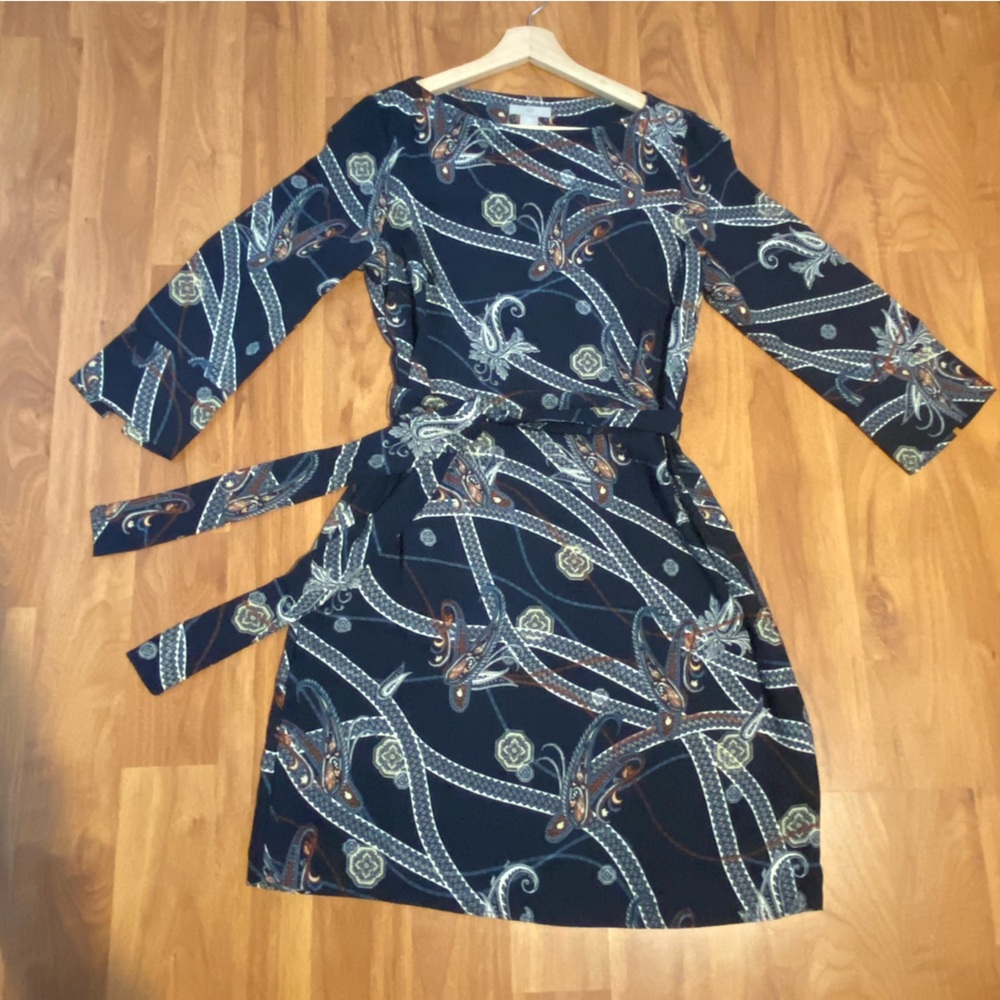 NWOT Navy Paisley Belted Dress